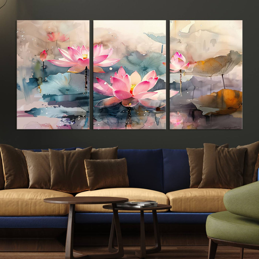 Lotus Flower Wall Art | 3-Panel Giclee Canvas Print of Pink Lotus Blossoms for Living Room, Bedroom, Office | Framed Lotus Floral Wall Art