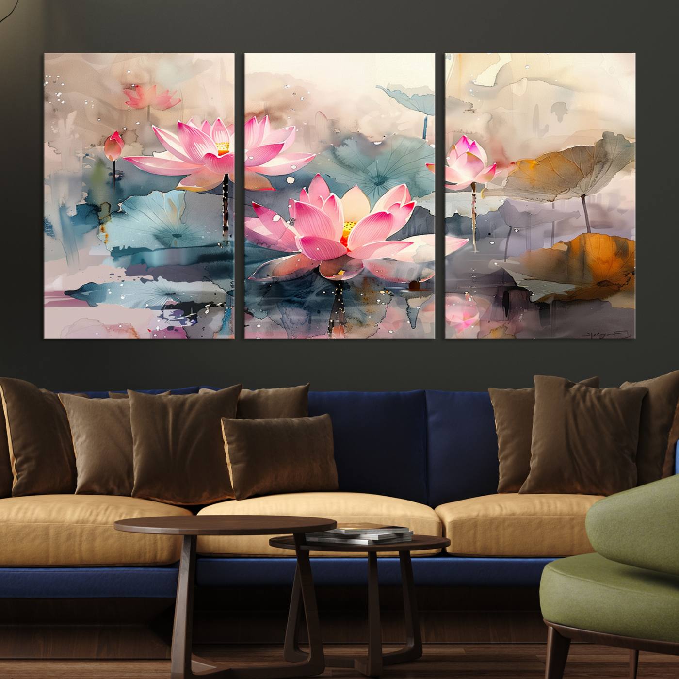 27936-MGV-CV-36X24-Lotus Flower Wall Art | 3-Panel Giclee Canvas Print of Pink Lotus Blossoms for Living Room, Bedroom, Office | Framed Lotus Floral Wall Art