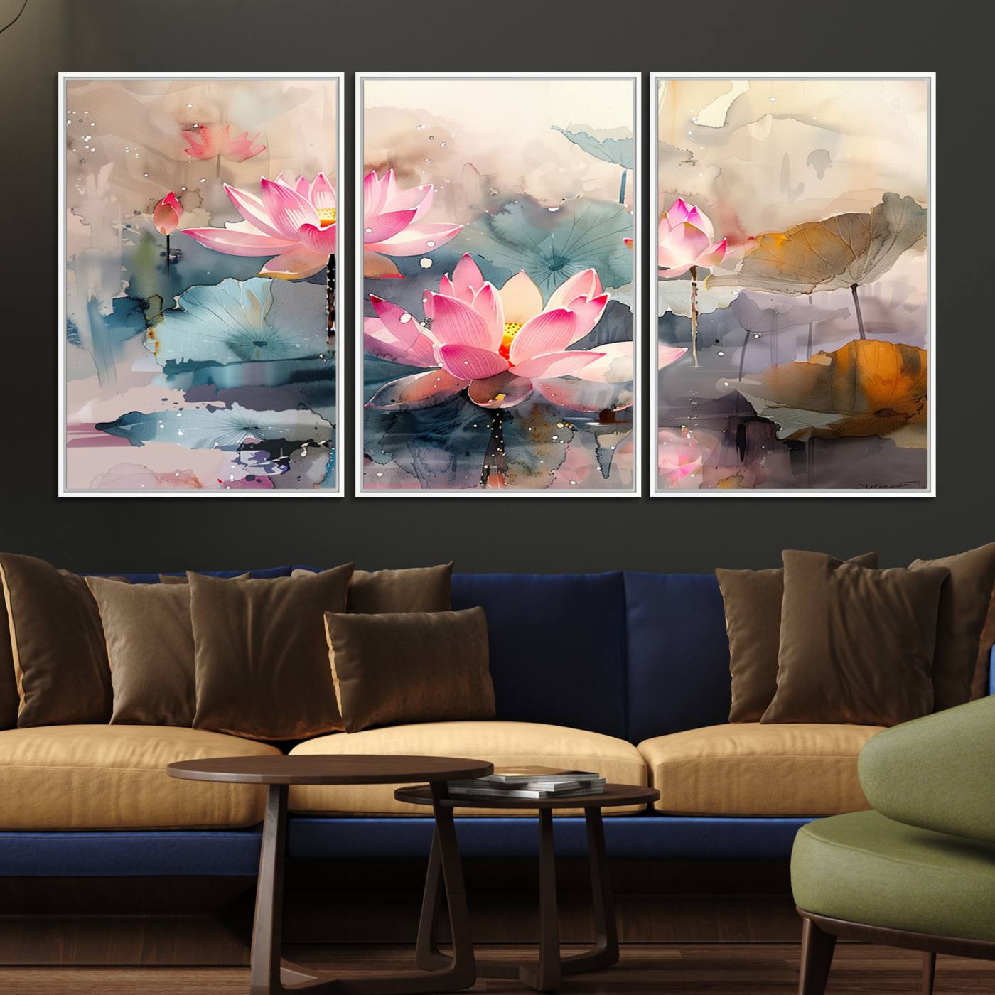 27936-MGV-FC-60X30-3P_White-Lotus Flower Wall Art | 3-Panel Giclee Canvas Print of Pink Lotus Blossoms for Living Room, Bedroom, Office | Framed Lotus Floral Wall Art