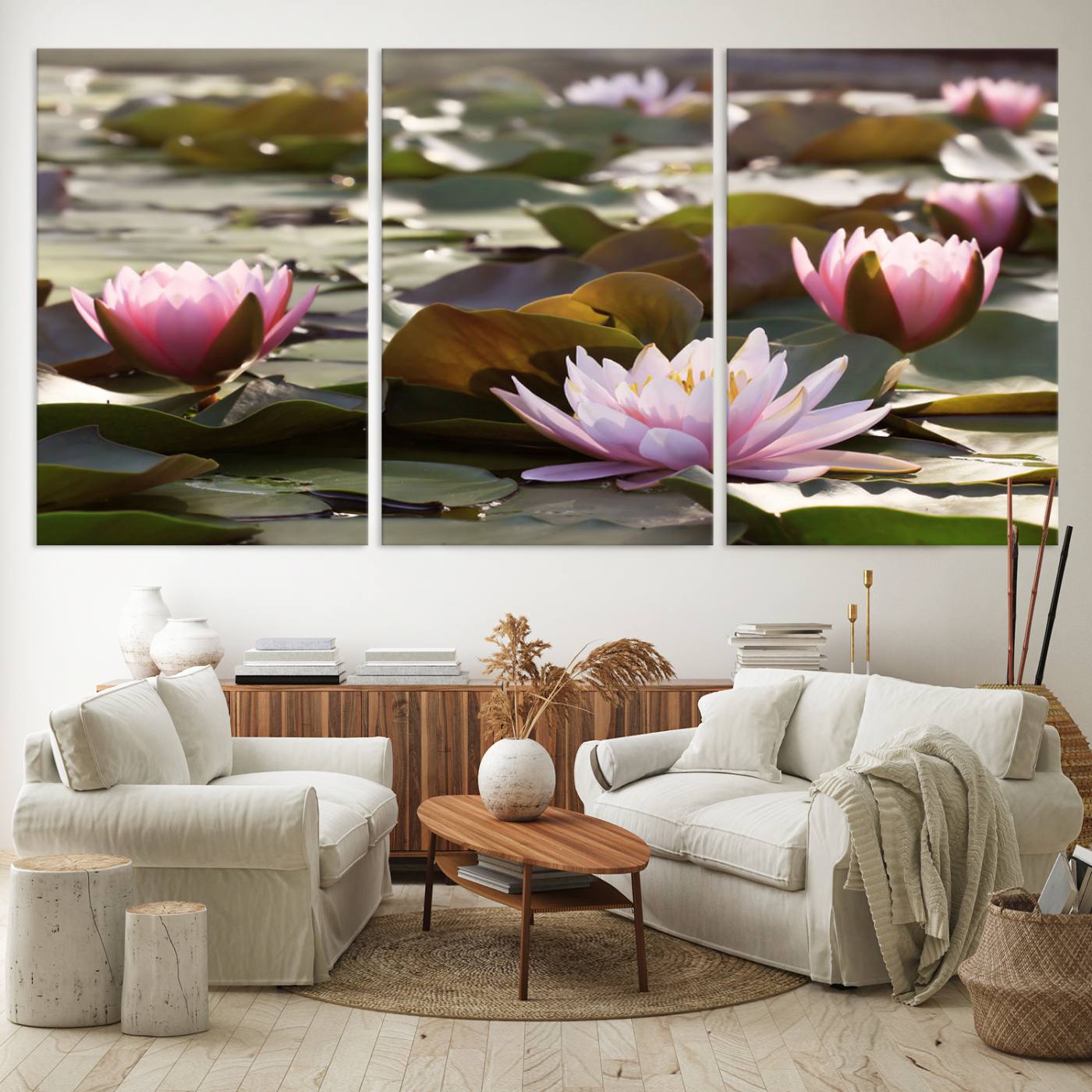 28394-MGV-CV-60X30-3P-Lotus Flower Wall Art Canvas Print, Water Lily Large Wall Art Canvas Print for Yoga Room Decor, Meditation Room Decor