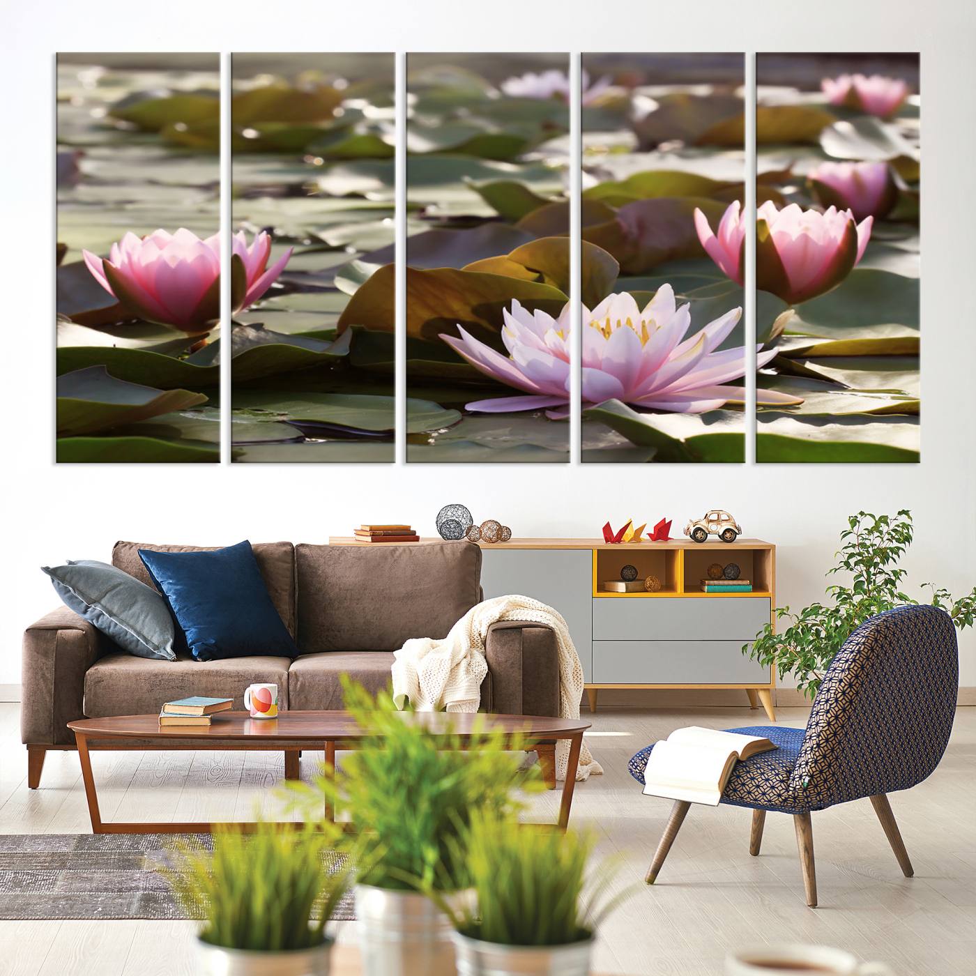28394-MGV-CV-60X31-5P-Lotus Flower Wall Art Canvas Print, Water Lily Large Wall Art Canvas Print for Yoga Room Decor, Meditation Room Decor
