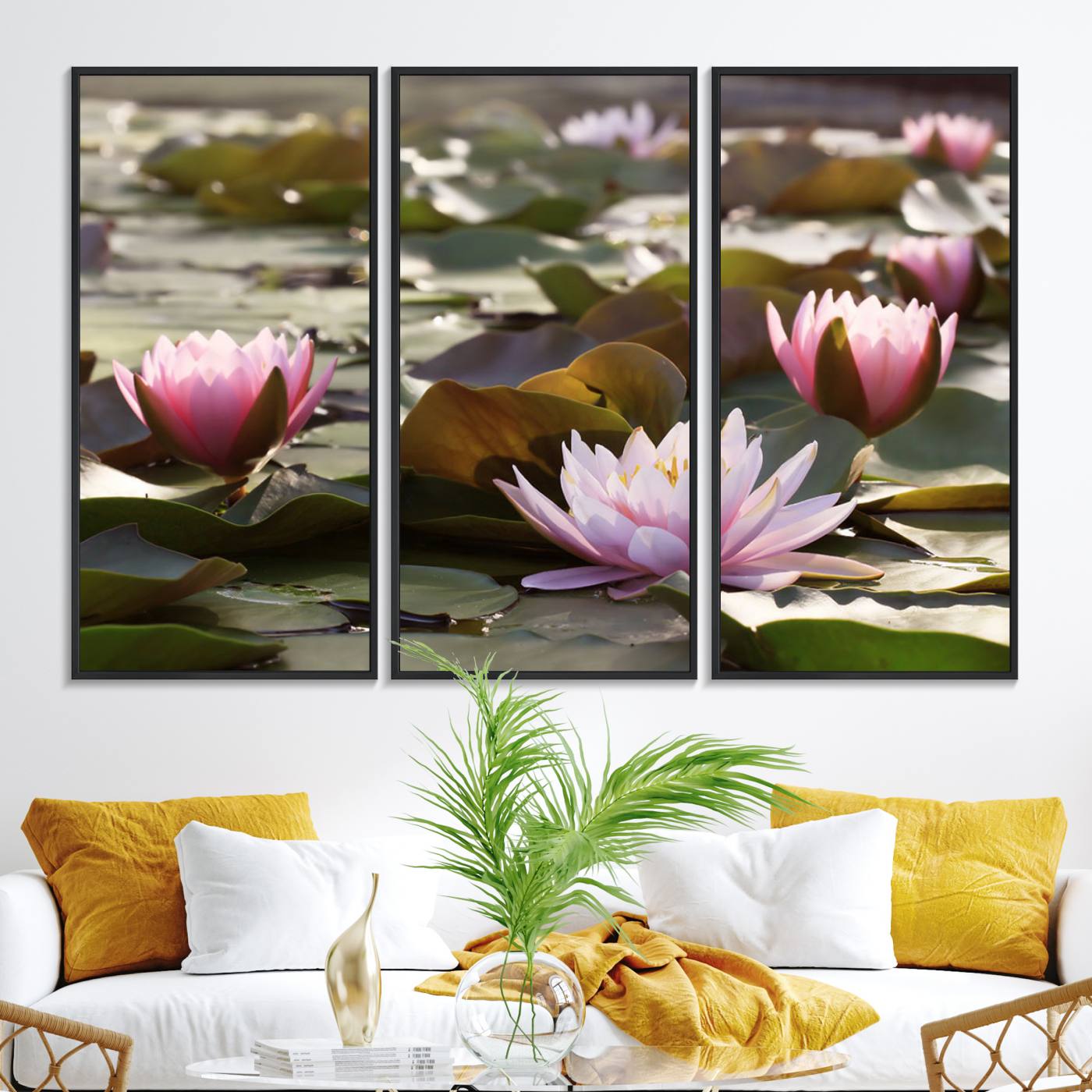 28394-MGV-FC-48X32-3P_Black-Lotus Flower Wall Art Canvas Print, Water Lily Large Wall Art Canvas Print for Yoga Room Decor, Meditation Room Decor