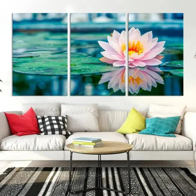 A museum-quality canvas triptych of a lotus flower graces the space, highlighting the beauty and craftsmanship of these Lotus Flower Wall Art Canvas Prints, which are delivered with free shipping.