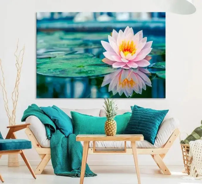 A museum-quality canvas triptych of a lotus flower graces the space, highlighting the beauty and craftsmanship of these Lotus Flower Wall Art Canvas Prints, which are delivered with free shipping.