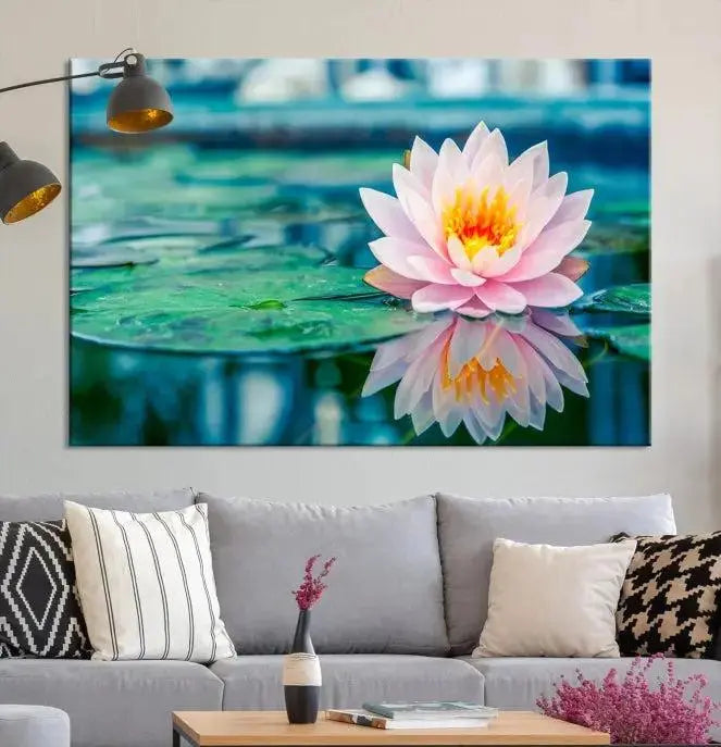 A museum-quality canvas triptych of a lotus flower graces the space, highlighting the beauty and craftsmanship of these Lotus Flower Wall Art Canvas Prints, which are delivered with free shipping.