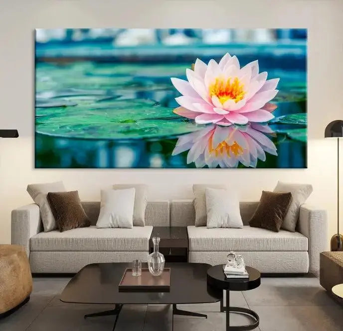 A museum-quality canvas triptych of a lotus flower graces the space, highlighting the beauty and craftsmanship of these Lotus Flower Wall Art Canvas Prints, which are delivered with free shipping.