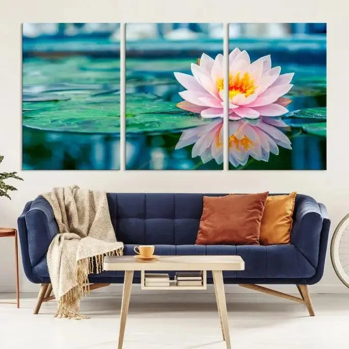 A museum-quality canvas triptych of a lotus flower graces the space, highlighting the beauty and craftsmanship of these Lotus Flower Wall Art Canvas Prints, which are delivered with free shipping.