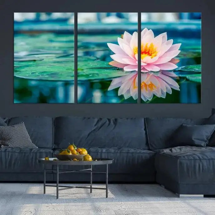 A museum-quality canvas triptych of a lotus flower graces the space, highlighting the beauty and craftsmanship of these Lotus Flower Wall Art Canvas Prints, which are delivered with free shipping.