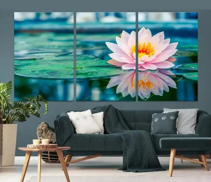 A museum-quality canvas triptych of a lotus flower graces the space, highlighting the beauty and craftsmanship of these Lotus Flower Wall Art Canvas Prints, which are delivered with free shipping.