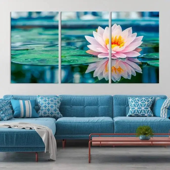 A museum-quality canvas triptych of a lotus flower graces the space, highlighting the beauty and craftsmanship of these Lotus Flower Wall Art Canvas Prints, which are delivered with free shipping.