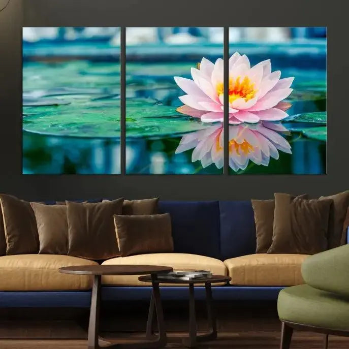 A museum-quality canvas triptych of a lotus flower graces the space, highlighting the beauty and craftsmanship of these Lotus Flower Wall Art Canvas Prints, which are delivered with free shipping.