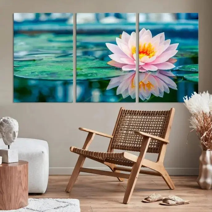 A museum-quality canvas triptych of a lotus flower graces the space, highlighting the beauty and craftsmanship of these Lotus Flower Wall Art Canvas Prints, which are delivered with free shipping.