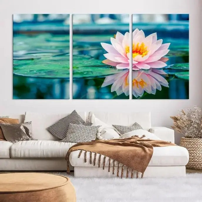 A museum-quality canvas triptych of a lotus flower graces the space, highlighting the beauty and craftsmanship of these Lotus Flower Wall Art Canvas Prints, which are delivered with free shipping.