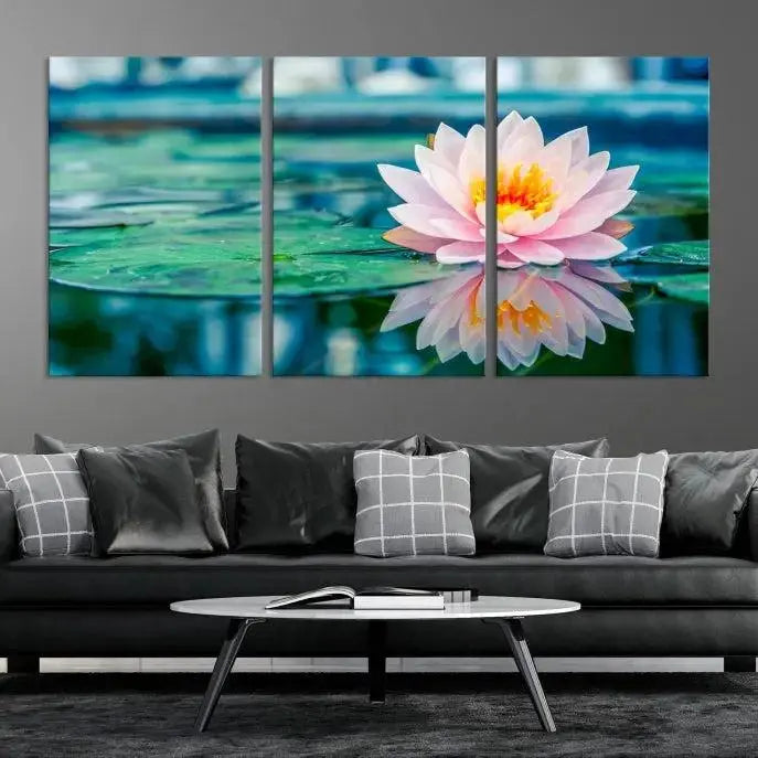 A museum-quality canvas triptych of a lotus flower graces the space, highlighting the beauty and craftsmanship of these Lotus Flower Wall Art Canvas Prints, which are delivered with free shipping.