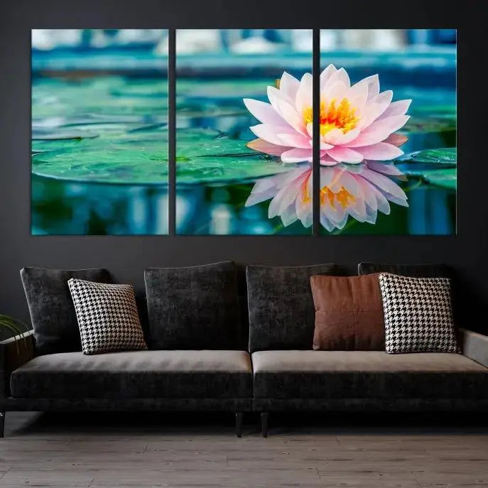 A museum-quality canvas triptych of a lotus flower graces the space, highlighting the beauty and craftsmanship of these Lotus Flower Wall Art Canvas Prints, which are delivered with free shipping.