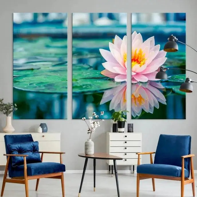 A museum-quality canvas triptych of a lotus flower graces the space, highlighting the beauty and craftsmanship of these Lotus Flower Wall Art Canvas Prints, which are delivered with free shipping.