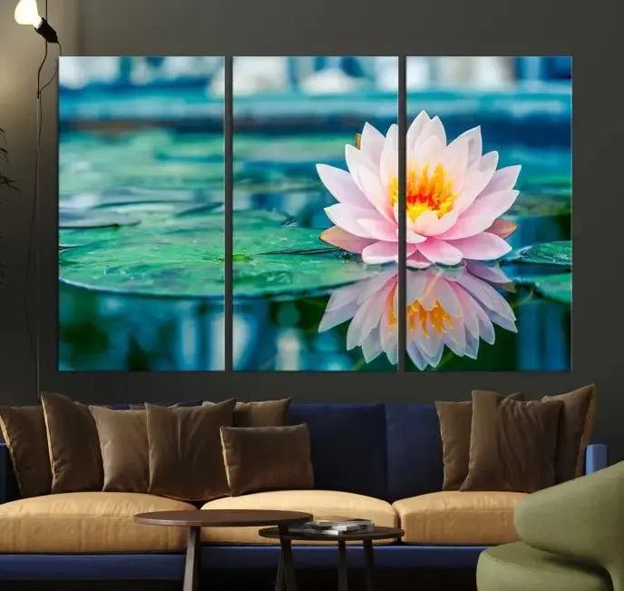 A museum-quality canvas triptych of a lotus flower graces the space, highlighting the beauty and craftsmanship of these Lotus Flower Wall Art Canvas Prints, which are delivered with free shipping.