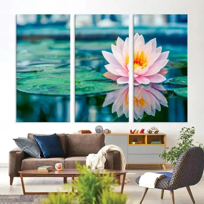 A museum-quality canvas triptych of a lotus flower graces the space, highlighting the beauty and craftsmanship of these Lotus Flower Wall Art Canvas Prints, which are delivered with free shipping.