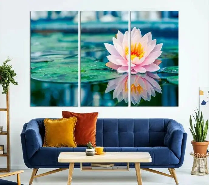 A museum-quality canvas triptych of a lotus flower graces the space, highlighting the beauty and craftsmanship of these Lotus Flower Wall Art Canvas Prints, which are delivered with free shipping.