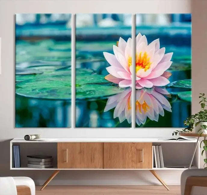 A museum-quality canvas triptych of a lotus flower graces the space, highlighting the beauty and craftsmanship of these Lotus Flower Wall Art Canvas Prints, which are delivered with free shipping.