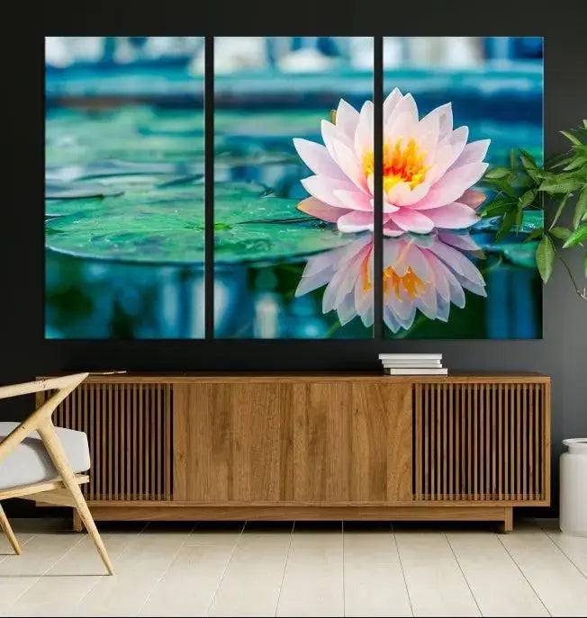 A museum-quality canvas triptych of a lotus flower graces the space, highlighting the beauty and craftsmanship of these Lotus Flower Wall Art Canvas Prints, which are delivered with free shipping.