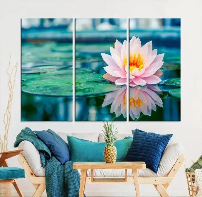 A museum-quality canvas triptych of a lotus flower graces the space, highlighting the beauty and craftsmanship of these Lotus Flower Wall Art Canvas Prints, which are delivered with free shipping.