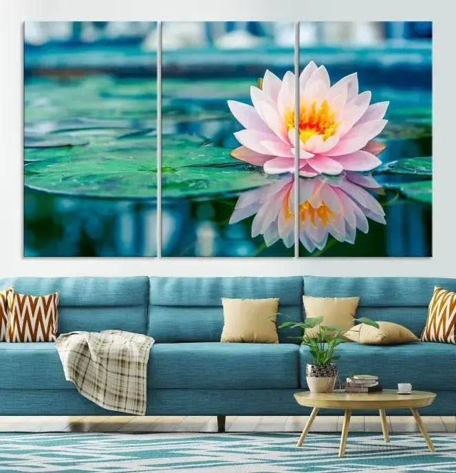 A museum-quality canvas triptych of a lotus flower graces the space, highlighting the beauty and craftsmanship of these Lotus Flower Wall Art Canvas Prints, which are delivered with free shipping.