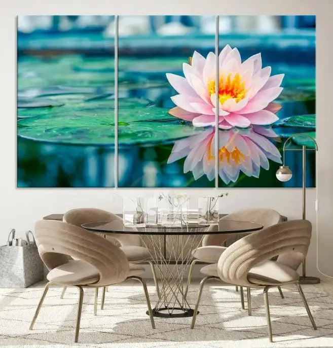 A museum-quality canvas triptych of a lotus flower graces the space, highlighting the beauty and craftsmanship of these Lotus Flower Wall Art Canvas Prints, which are delivered with free shipping.