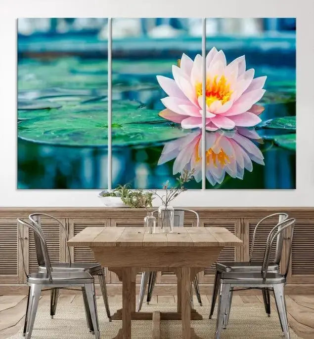 A museum-quality canvas triptych of a lotus flower graces the space, highlighting the beauty and craftsmanship of these Lotus Flower Wall Art Canvas Prints, which are delivered with free shipping.