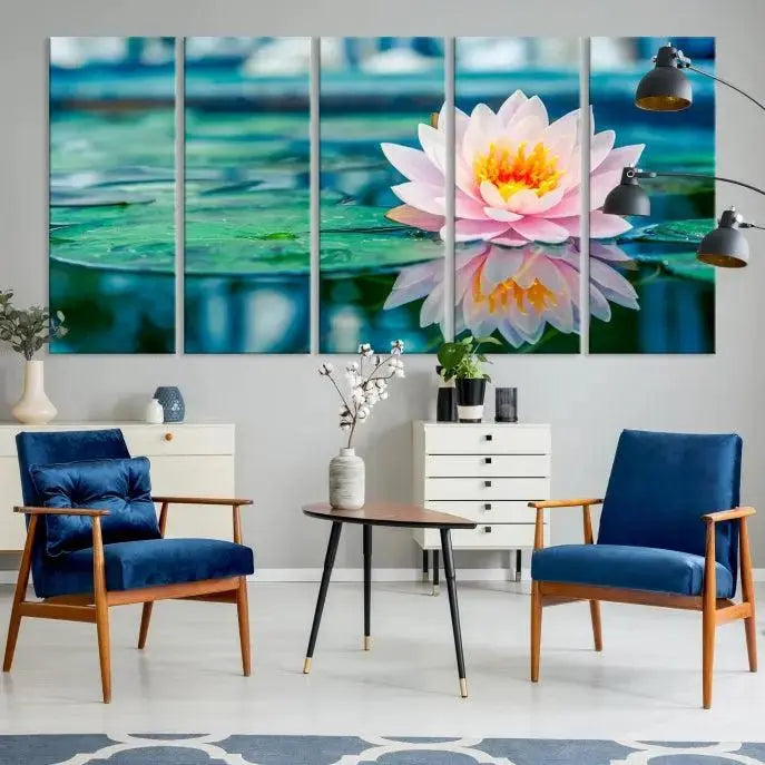 A museum-quality canvas triptych of a lotus flower graces the space, highlighting the beauty and craftsmanship of these Lotus Flower Wall Art Canvas Prints, which are delivered with free shipping.