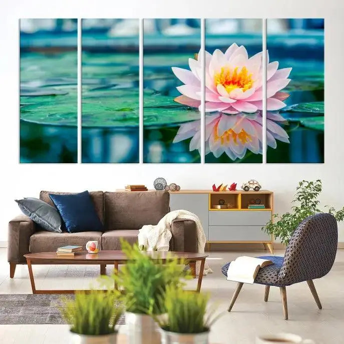 A museum-quality canvas triptych of a lotus flower graces the space, highlighting the beauty and craftsmanship of these Lotus Flower Wall Art Canvas Prints, which are delivered with free shipping.