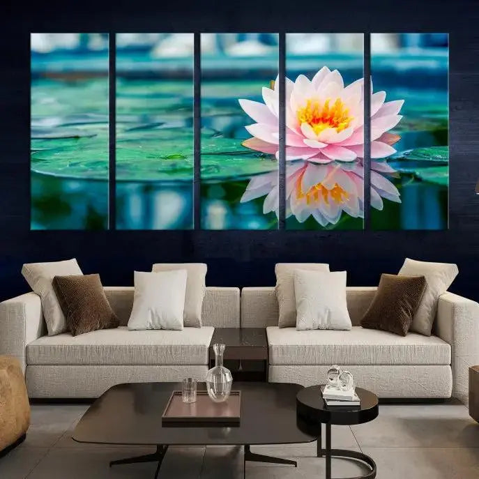 A museum-quality canvas triptych of a lotus flower graces the space, highlighting the beauty and craftsmanship of these Lotus Flower Wall Art Canvas Prints, which are delivered with free shipping.