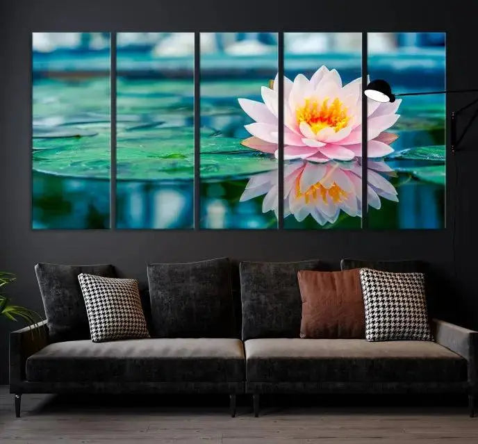 A museum-quality canvas triptych of a lotus flower graces the space, highlighting the beauty and craftsmanship of these Lotus Flower Wall Art Canvas Prints, which are delivered with free shipping.