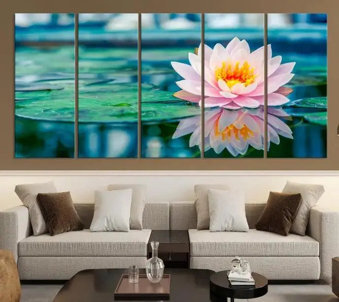 A museum-quality canvas triptych of a lotus flower graces the space, highlighting the beauty and craftsmanship of these Lotus Flower Wall Art Canvas Prints, which are delivered with free shipping.