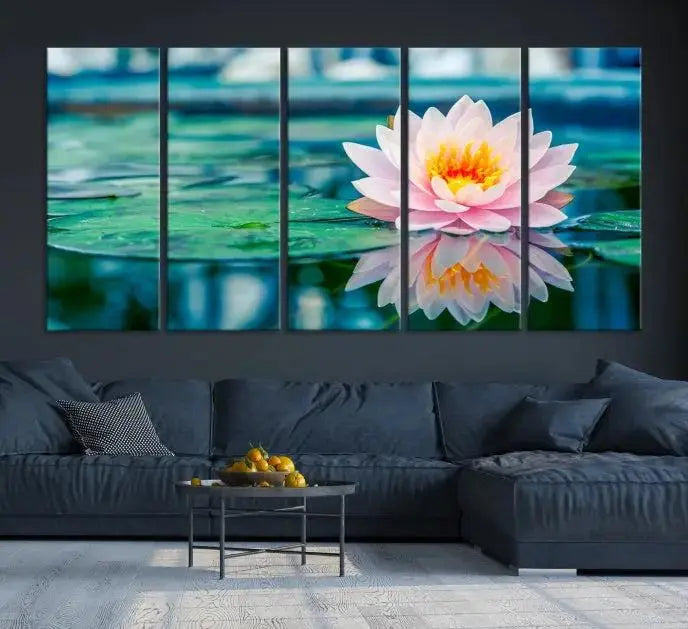 A museum-quality canvas triptych of a lotus flower graces the space, highlighting the beauty and craftsmanship of these Lotus Flower Wall Art Canvas Prints, which are delivered with free shipping.