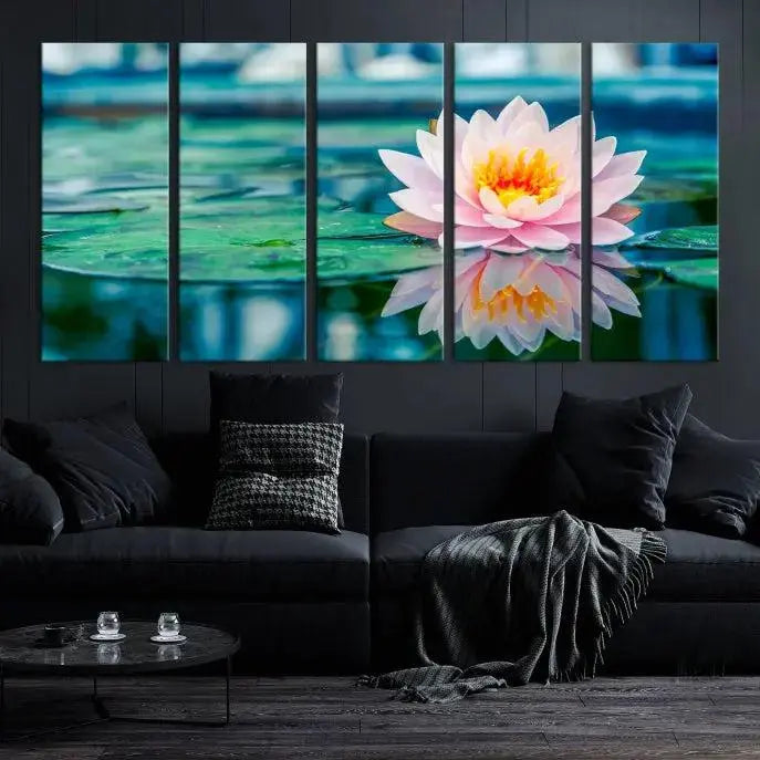 A museum-quality canvas triptych of a lotus flower graces the space, highlighting the beauty and craftsmanship of these Lotus Flower Wall Art Canvas Prints, which are delivered with free shipping.