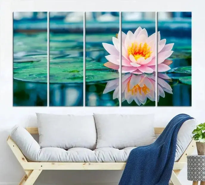 A museum-quality canvas triptych of a lotus flower graces the space, highlighting the beauty and craftsmanship of these Lotus Flower Wall Art Canvas Prints, which are delivered with free shipping.