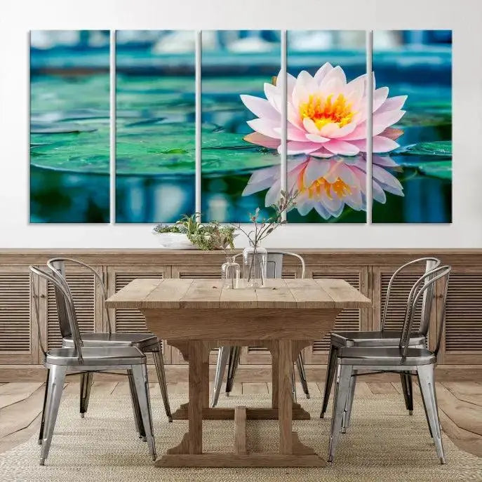 A museum-quality canvas triptych of a lotus flower graces the space, highlighting the beauty and craftsmanship of these Lotus Flower Wall Art Canvas Prints, which are delivered with free shipping.