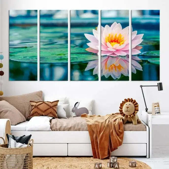 A museum-quality canvas triptych of a lotus flower graces the space, highlighting the beauty and craftsmanship of these Lotus Flower Wall Art Canvas Prints, which are delivered with free shipping.