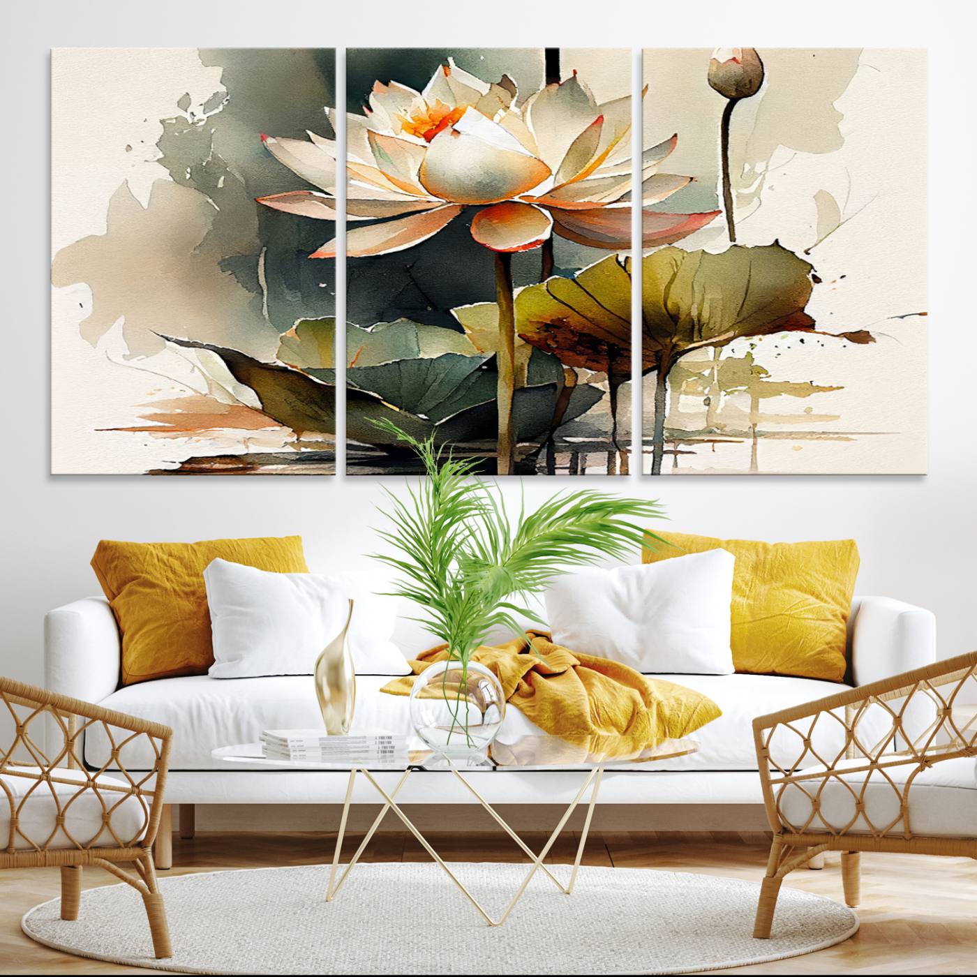 62531-MGV-CV-36X24-Lotus Flower Watercolor Canvas Print – A Symbol of Serenity and Growth, Captured in Soft Watercolors – Contemporary Wall Art for Tranquil