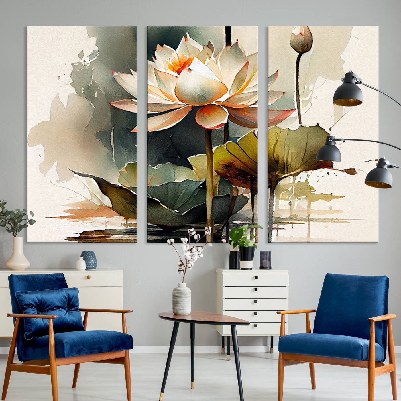 62531-MGV-CV-36X24-Lotus Flower Watercolor Canvas Print – A Symbol of Serenity and Growth, Captured in Soft Watercolors – Contemporary Wall Art for Tranquil