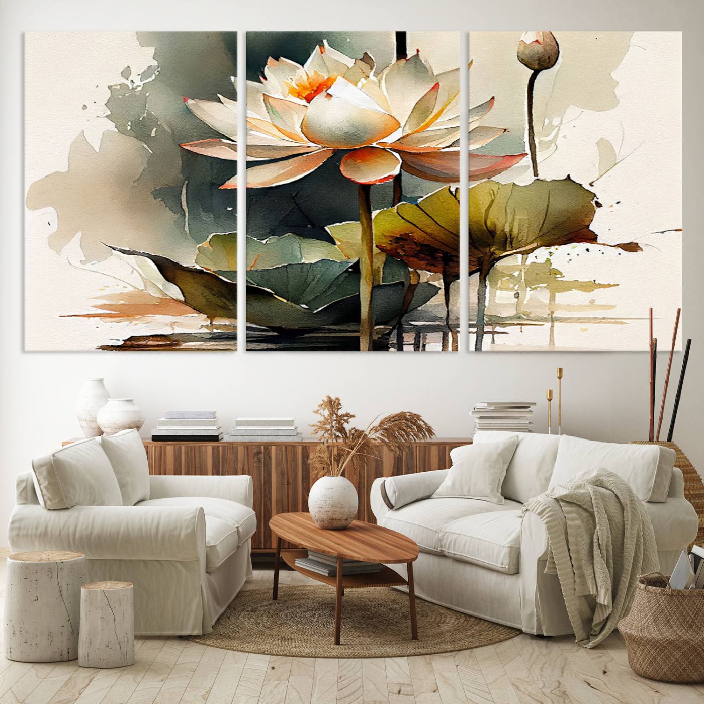 62531-MGV-CV-60X30-3P-Lotus Flower Watercolor Canvas Print – A Symbol of Serenity and Growth, Captured in Soft Watercolors – Contemporary Wall Art for Tranquil