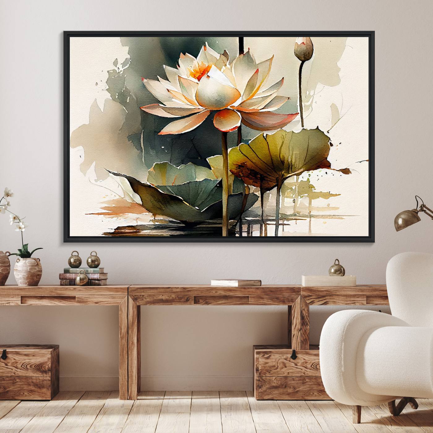 62531-MGV-FC-36X24_Black-Lotus Flower Watercolor Canvas Print – A Symbol of Serenity and Growth, Captured in Soft Watercolors – Contemporary Wall Art for Tranquil