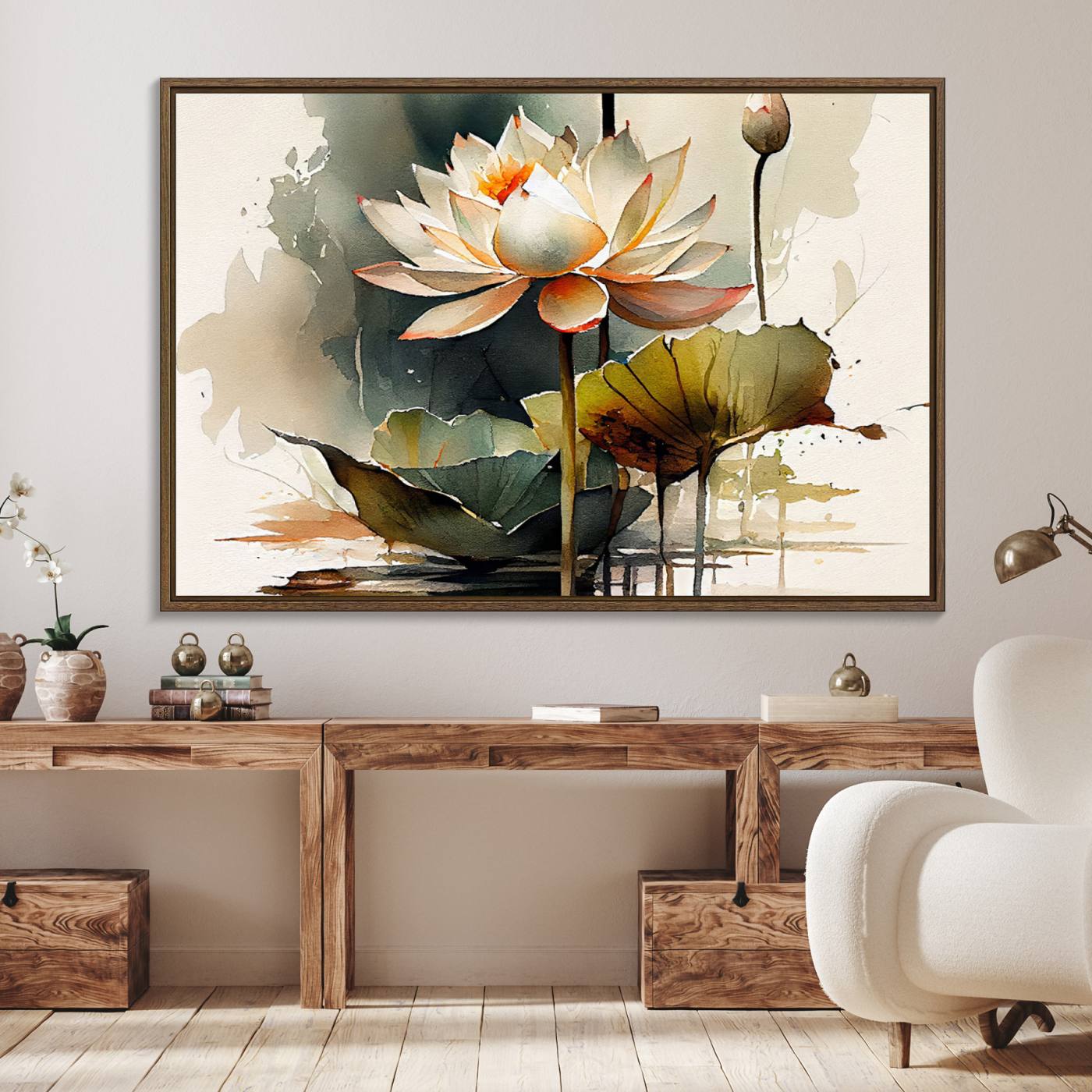 62531-MGV-FC-36X24_Walnut-Lotus Flower Watercolor Canvas Print – A Symbol of Serenity and Growth, Captured in Soft Watercolors – Contemporary Wall Art for Tranquil
