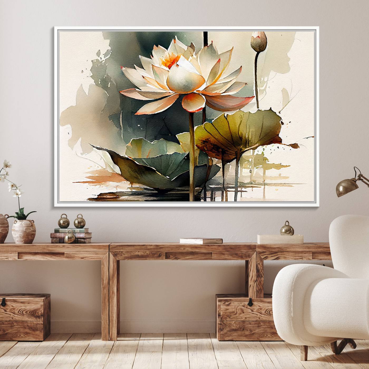 62531-MGV-FC-36X24_White-Lotus Flower Watercolor Canvas Print – A Symbol of Serenity and Growth, Captured in Soft Watercolors – Contemporary Wall Art for Tranquil