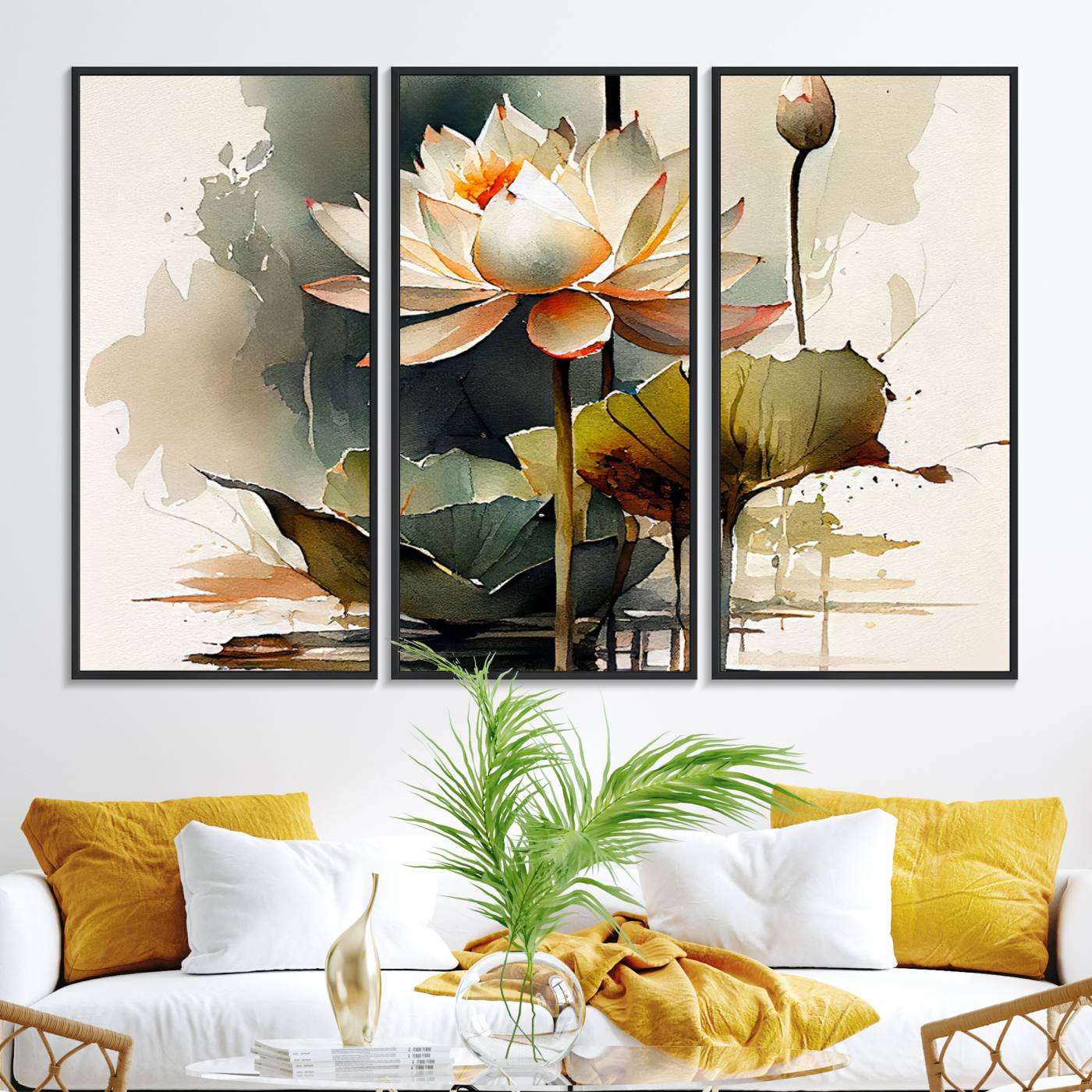 62531-MGV-FC-48X32-3P_Black-Lotus Flower Watercolor Canvas Print – A Symbol of Serenity and Growth, Captured in Soft Watercolors – Contemporary Wall Art for Tranquil