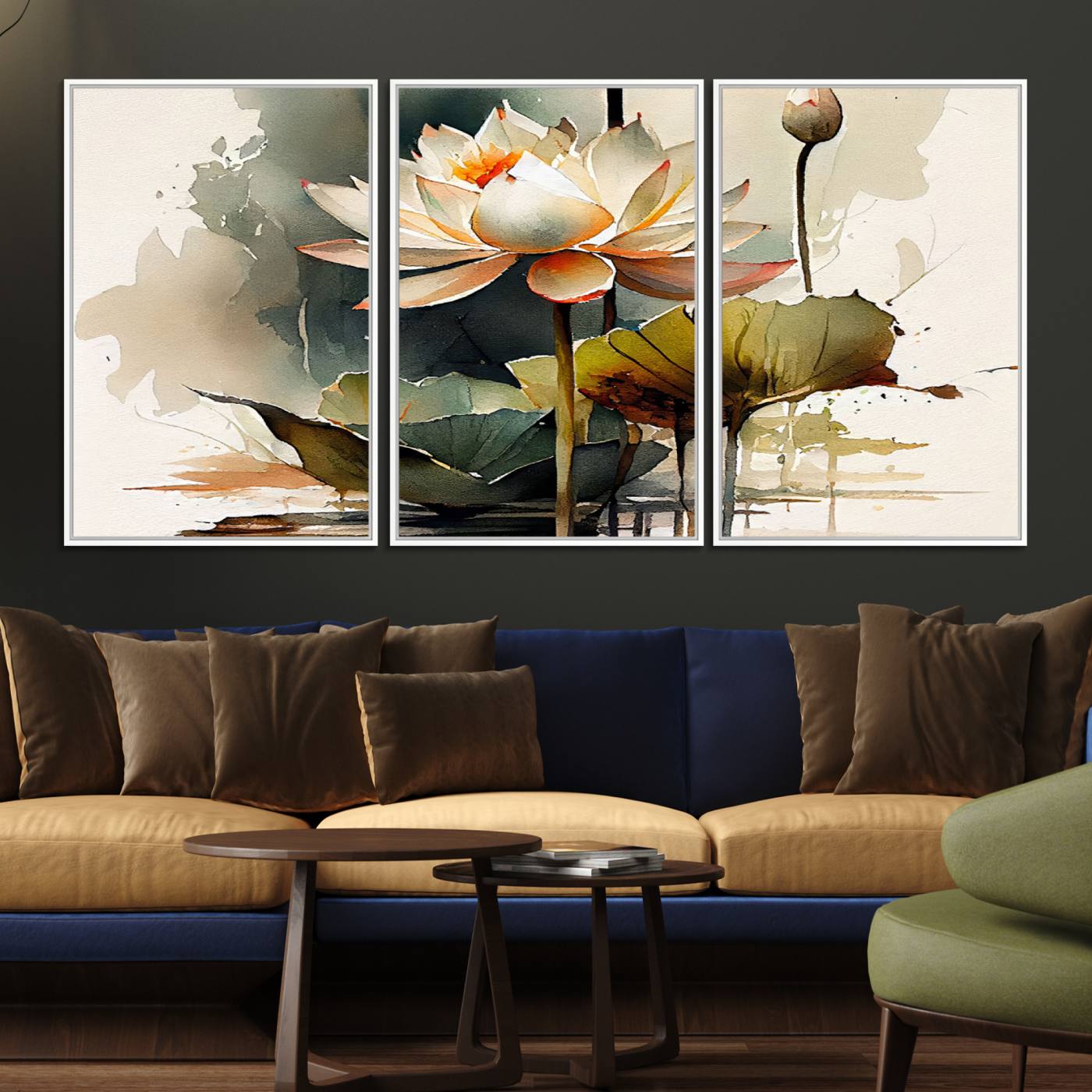 62531-MGV-FC-60X30-3P_White-Lotus Flower Watercolor Canvas Print – A Symbol of Serenity and Growth, Captured in Soft Watercolors – Contemporary Wall Art for Tranquil