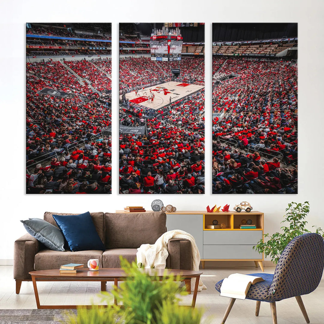 Handmade in the USA, this stunning triptych canvas artwork titled "Louisville Cardinals Basketball Team Print - Louisville KFC Yum Center Arena Wall Art Canvas Print" captures a packed basketball stadium, making it a perfect addition to your décor.