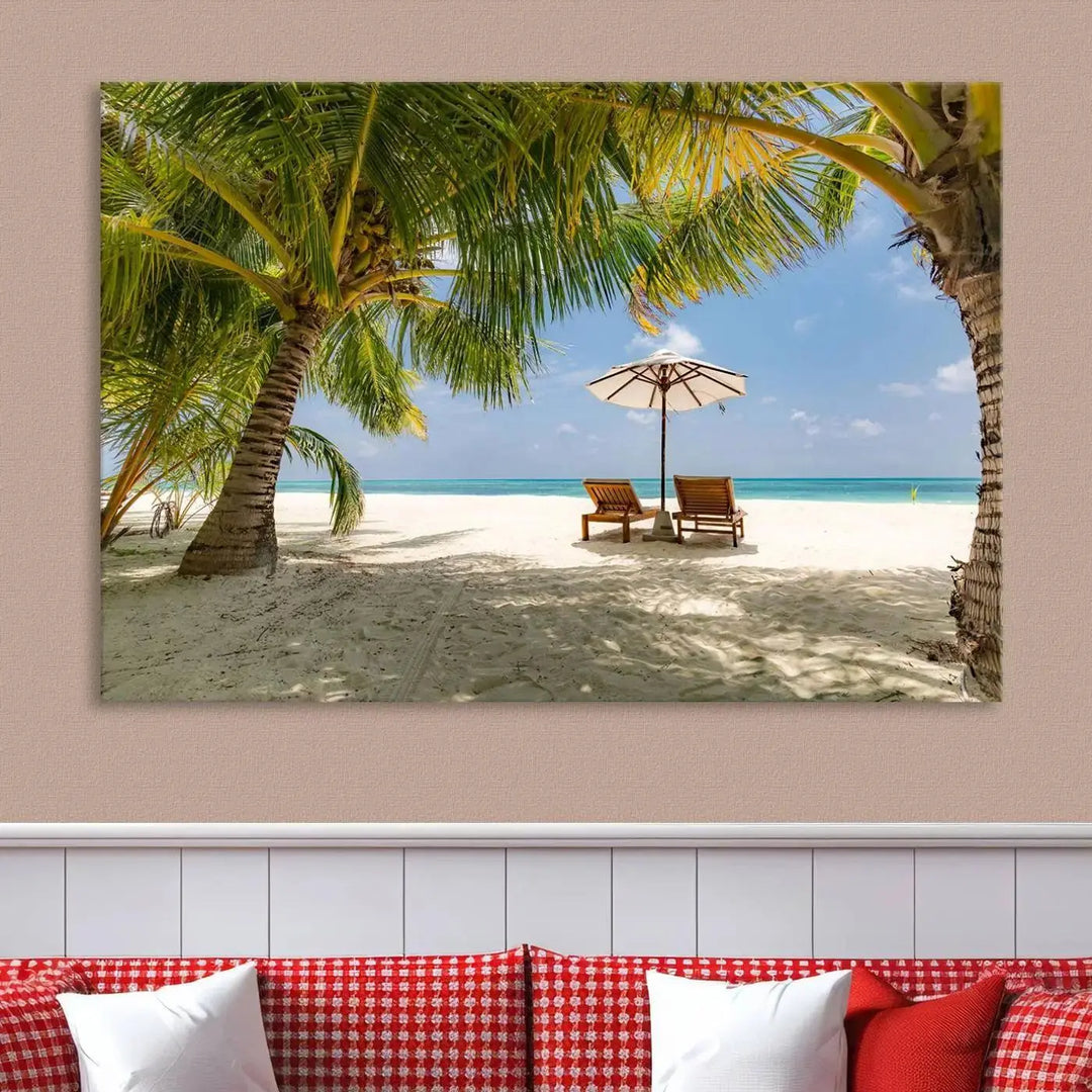 The living room features the "Lounge Chairs Palm Trees on Tropical Beach" canvas wall art print, offering museum-quality craftsmanship.