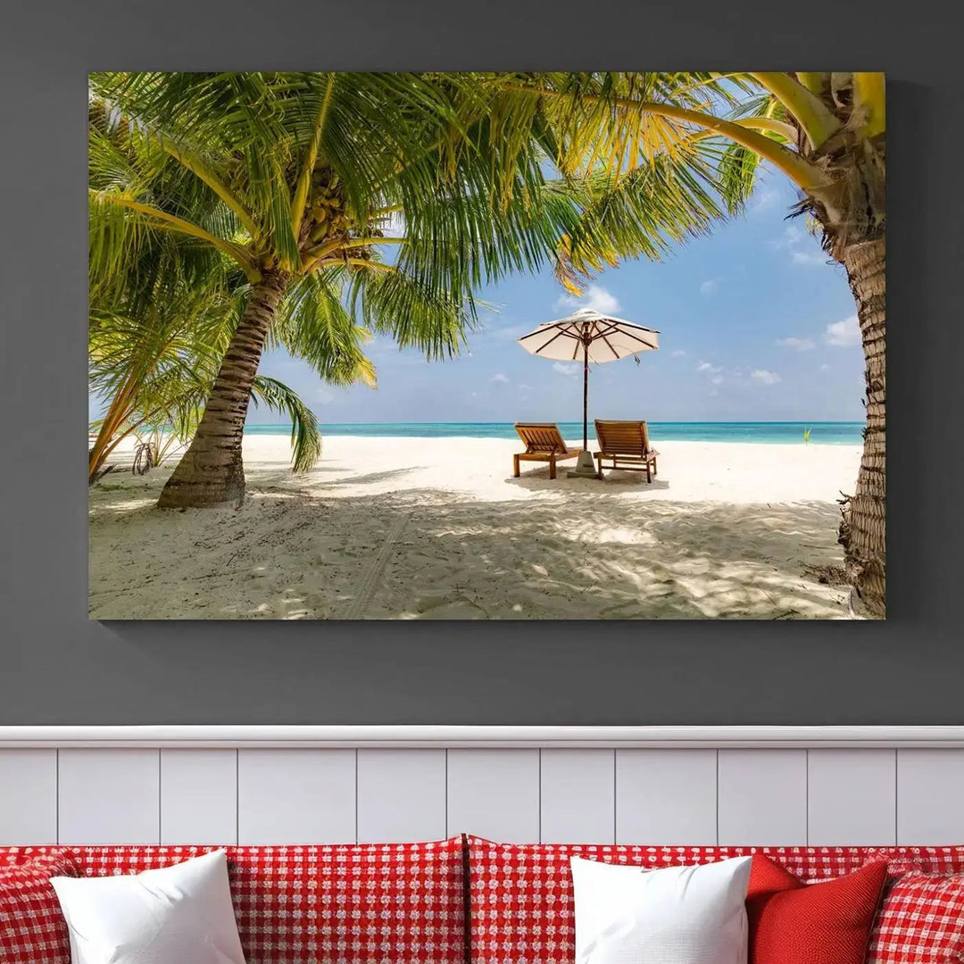 The living room features the "Lounge Chairs Palm Trees on Tropical Beach" canvas wall art print, offering museum-quality craftsmanship.